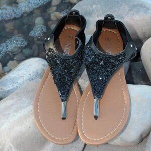 Black Thong Sandals Shoes Rhinestone Sparkle